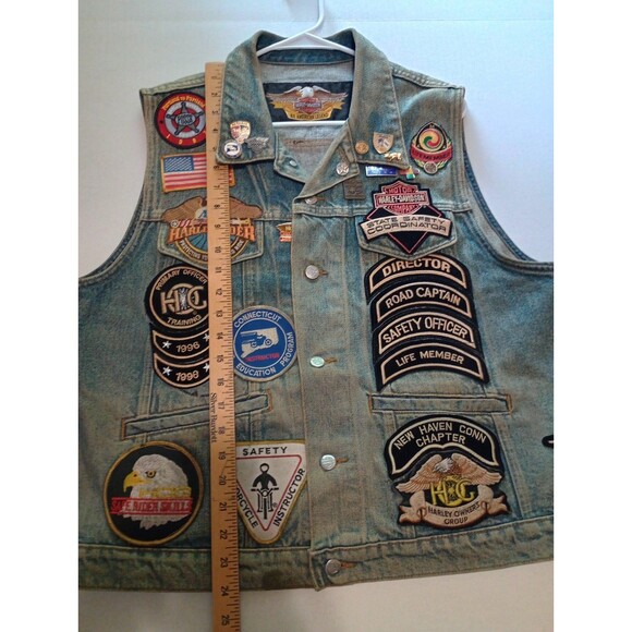 Vintage 90s Men’s Harley Davidson Denim Vest Large Patches 33 Patches + Pins - Picture 7 of 16